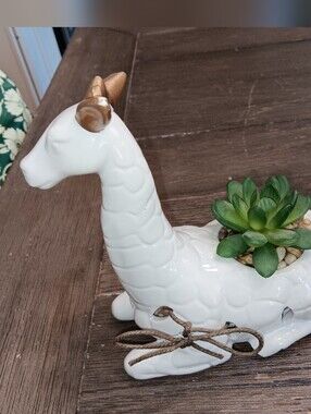 Unk White Ceramic Giraffe Planter with Gold Accent